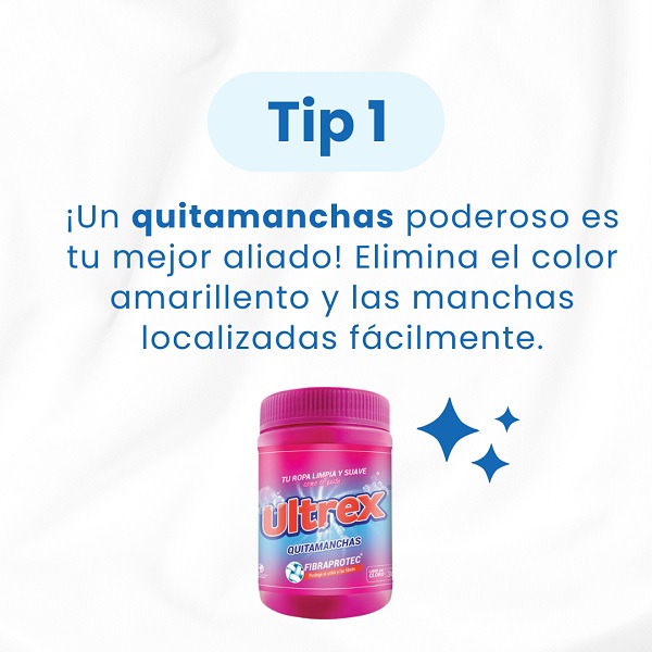 Tip para eliminar manchas con Ultrex Quitamanchas. Imagen del producto Ultrex Quitamanchas en un envase rosado