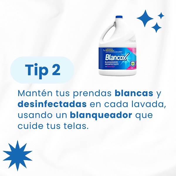 Tip para mantener ropa blanca y desinfectada con Blancox. Imagen del producto Blancox Blanqueador Desinfectante